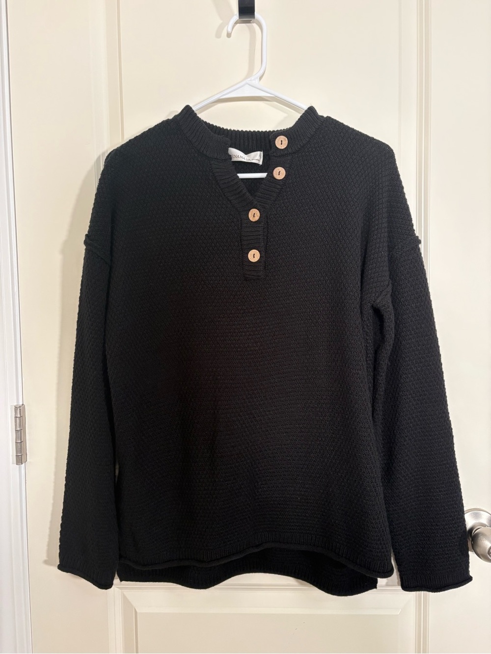 Women's Black Waffle-Knit Button-Neck Sweater